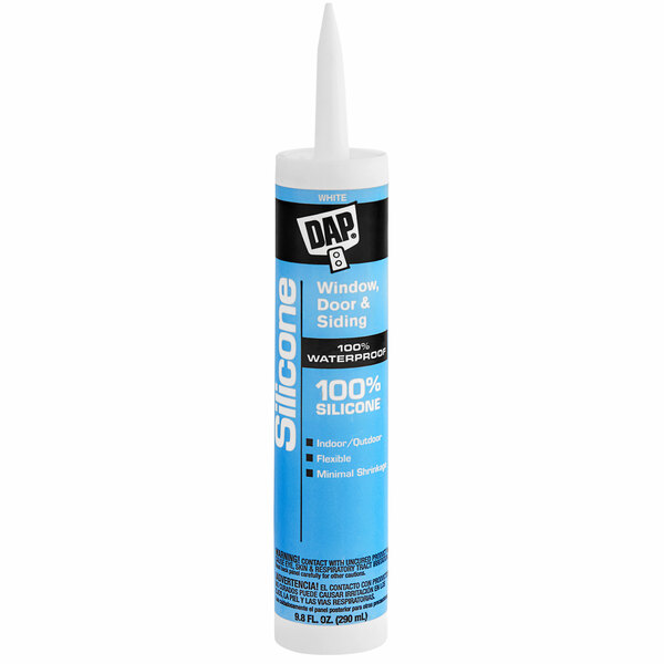 A white tube of DAP silicone sealant with blue and white text.