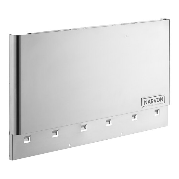 A silver metal rectangular Narvon front panel with four holes.