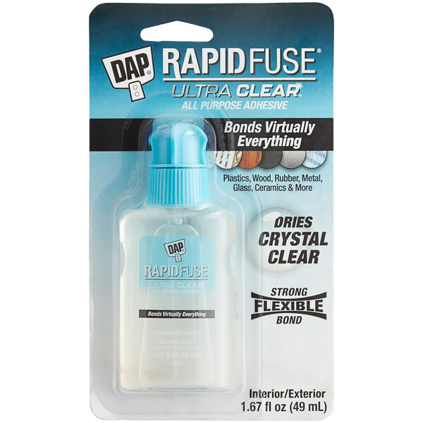A clear plastic bottle of DAP RapidFuse Ultra Clear All Purpose Adhesive with a blue cap.