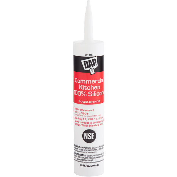 A white tube of DAP 100% Silicone Sealant with a white and red label.