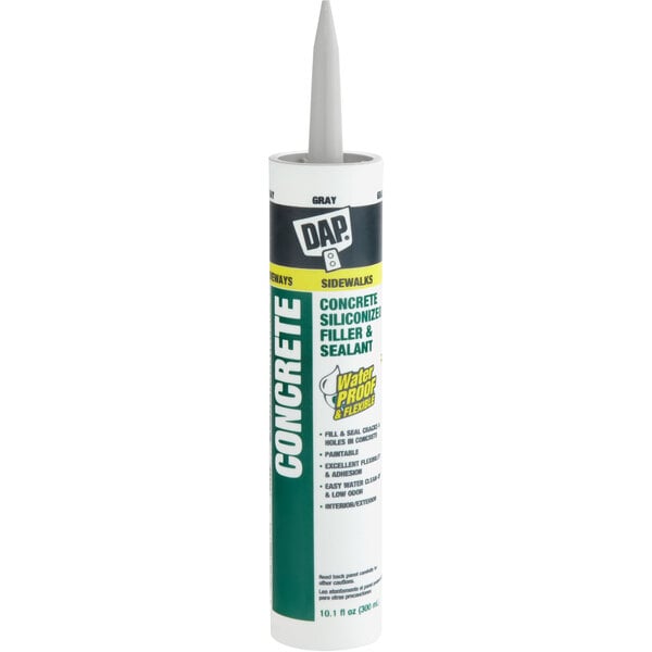 A white tube of DAP Concrete and Mortar Filler and Sealant with a white label.