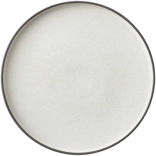 A white Oneida Moira stoneware plate with a black rim.