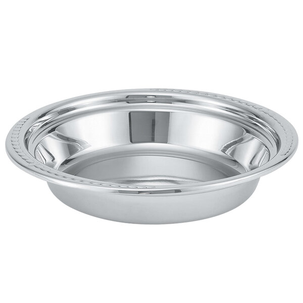 A close-up of a Vollrath stainless steel food pan with a rim.