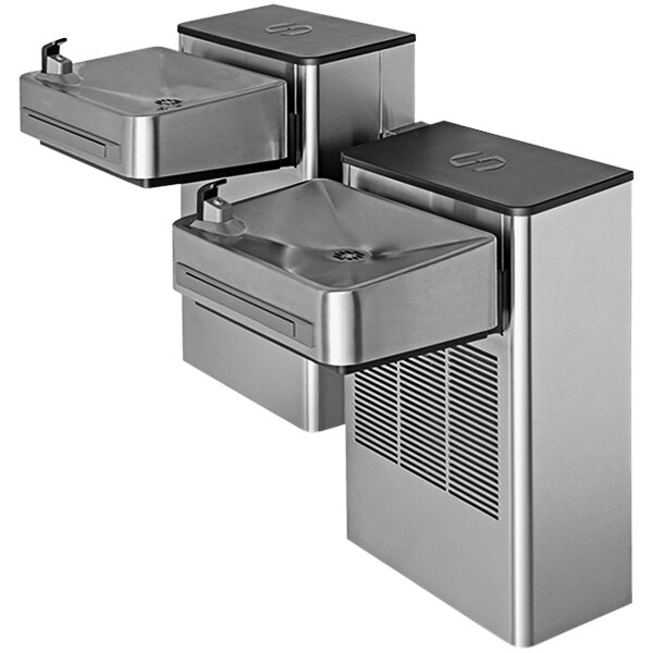 A silver rectangular Haws water cooler with two black push bars.