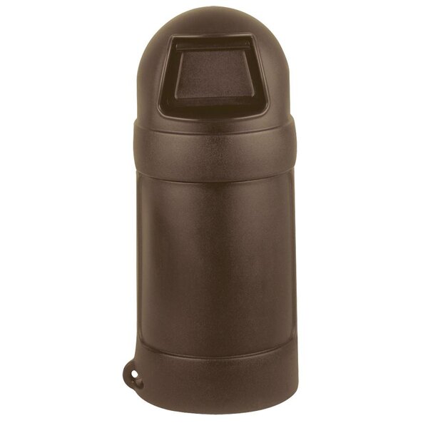 A brown plastic Continental Roun'Top trash can with a lid.