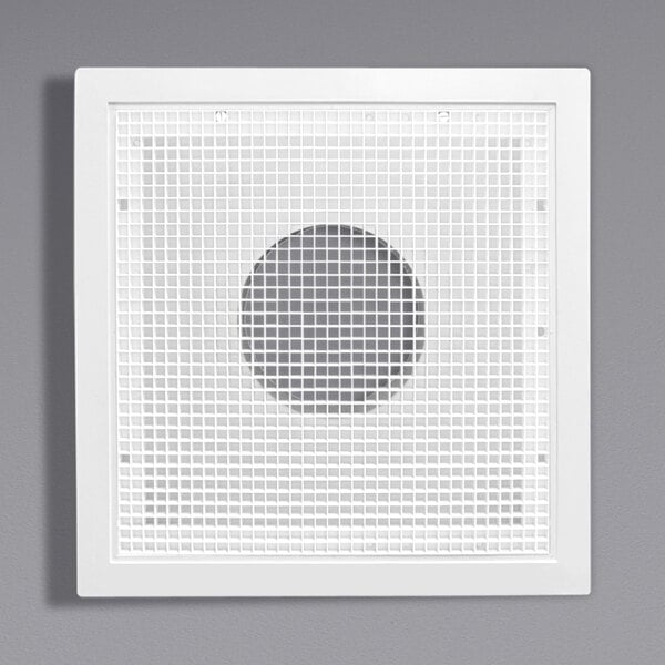 An American Louver Company white square eggcrate return grille for 14" duct on a white wall.
