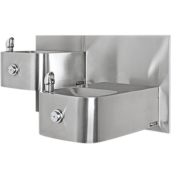 A Haws dual stainless steel drinking fountain with rounded corners and a water dispenser.