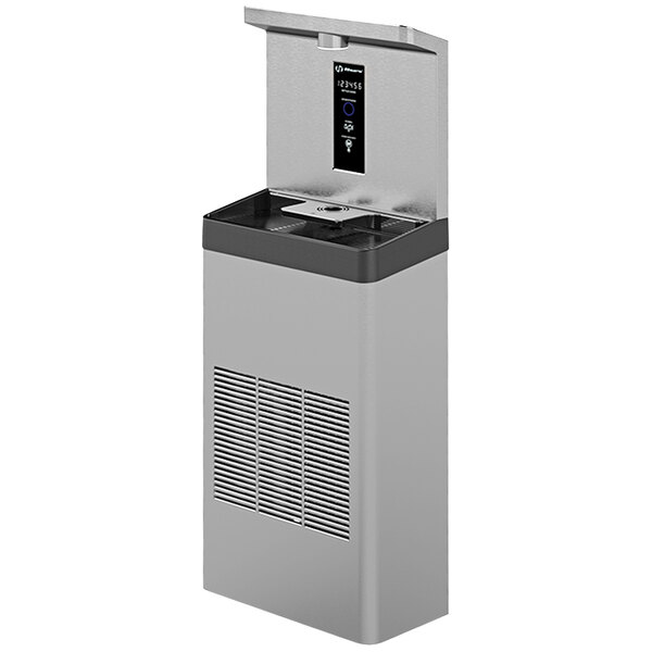 A white rectangular Haws touchless stainless steel water fountain with a screen.