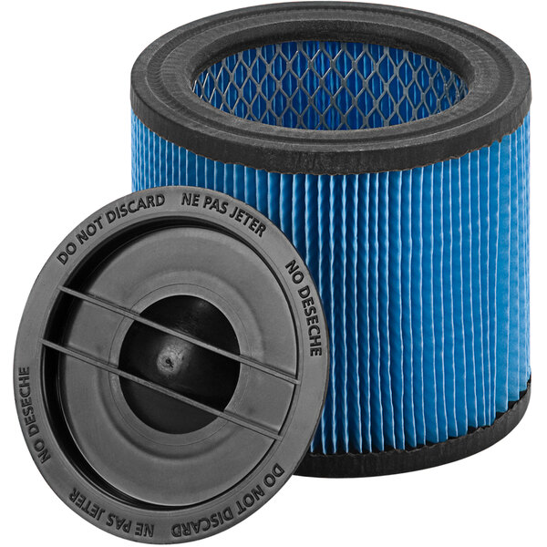 A Shop-Vac Ultra-Web wet cartridge filter with a blue and black circular design.
