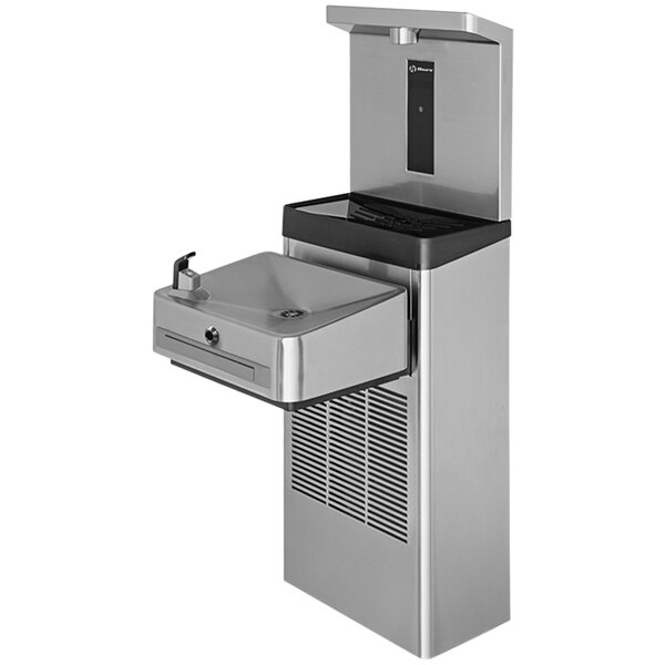 A Haws stainless steel wall mount water cooler and bottle filler.