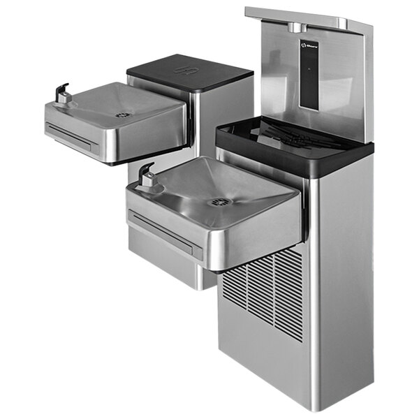 A stainless steel Haws water cooler with two fountains.