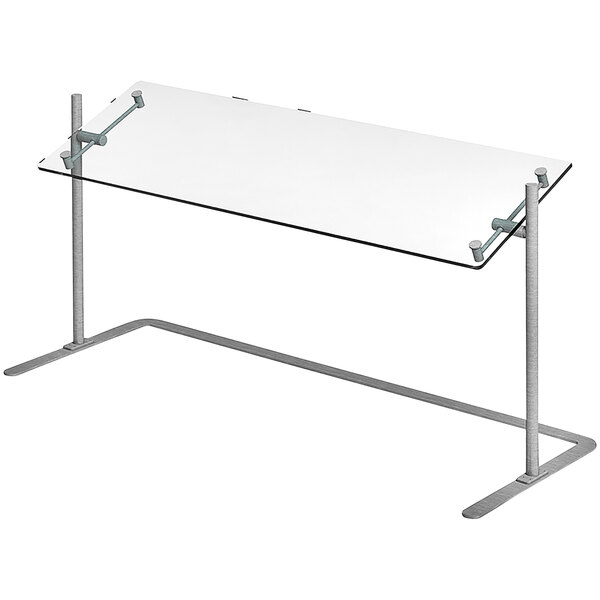A Premier Metal & Glass Portable Countertop Glass Food Shield on a table with metal legs.