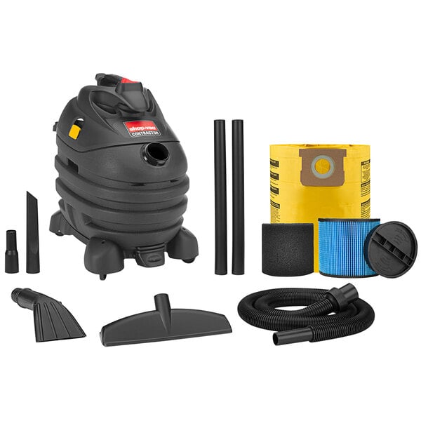 A black Shop-Vac wet/dry vacuum with various accessories on a white background.