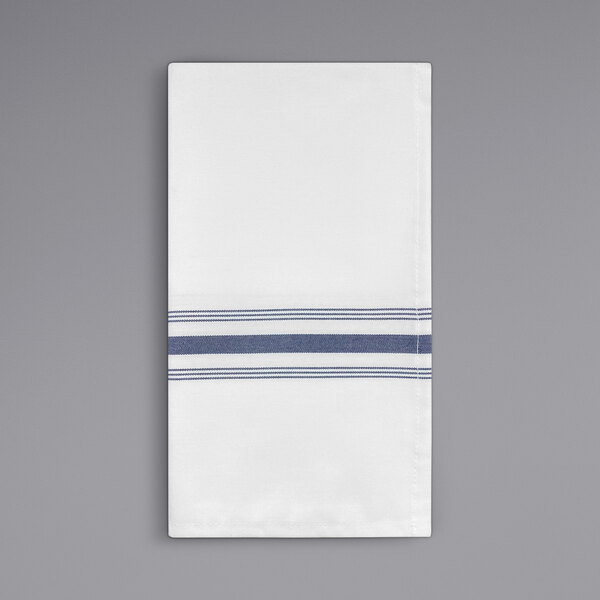 A white cloth napkin with navy blue bistro stripes.