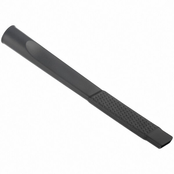 A black plastic flexible crevice tool with a black handle on a white background.