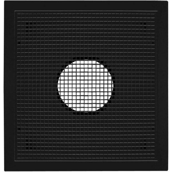 A square black metal grid with a white circle in the center.
