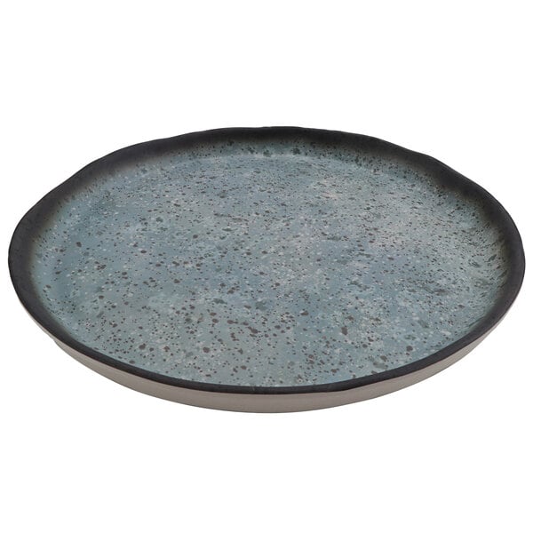 A close-up of a cheforward melamine plate with a black rim and blue speckles.