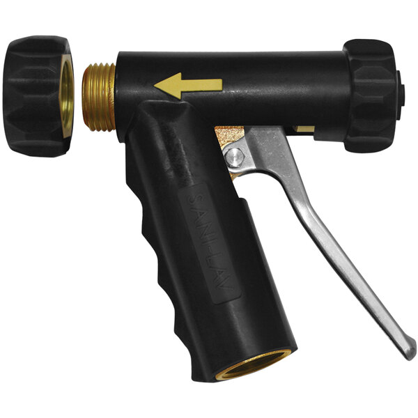 A black and brass Sani-Lav hose nozzle with a threaded tip.