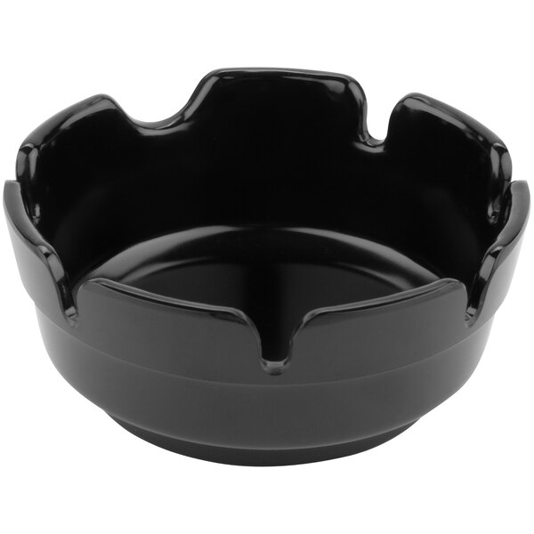 A black melamine round ashtray with a curved edge.