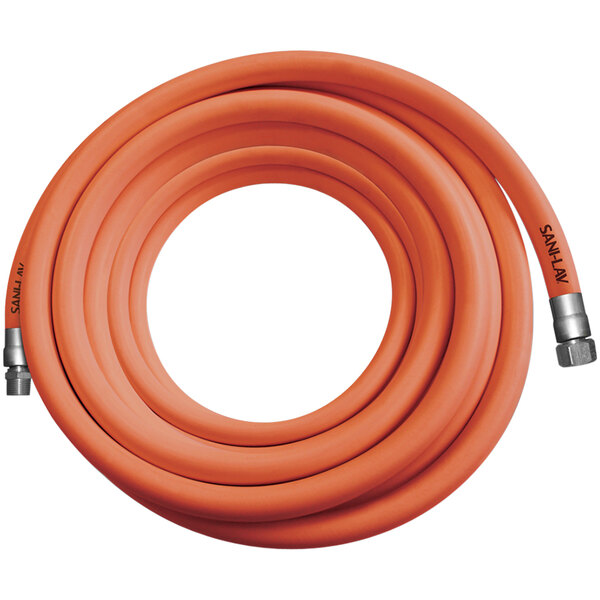 An orange Sani-Lav washdown hose with metal connections.