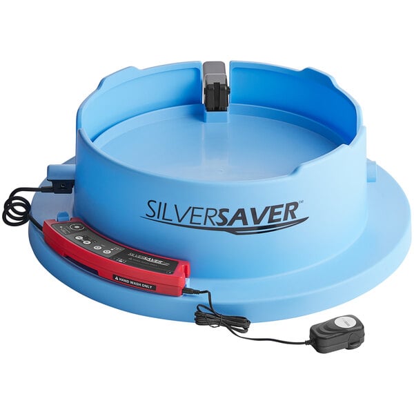 A SilverSaver metal lid for round trash cans on a blue circular object.