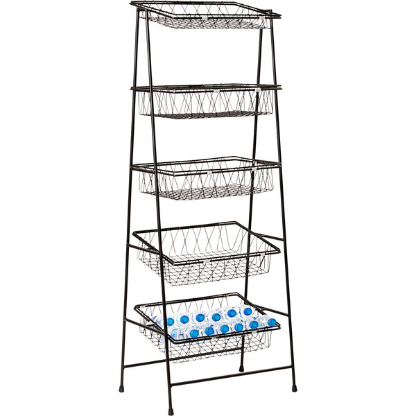 A black powder-coated iron rack with five wire baskets.