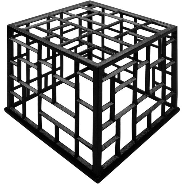 A black metal Bugambilia cube riser with a square lattice design.