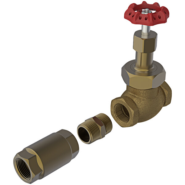 A metal Sani-Lav globe valve handle with a red tip.