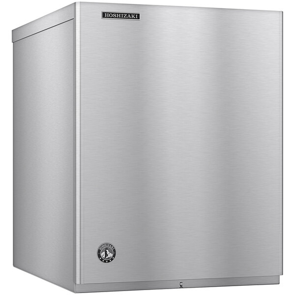 A silver metal rectangular Hoshizaki ice machine with a logo on the front.