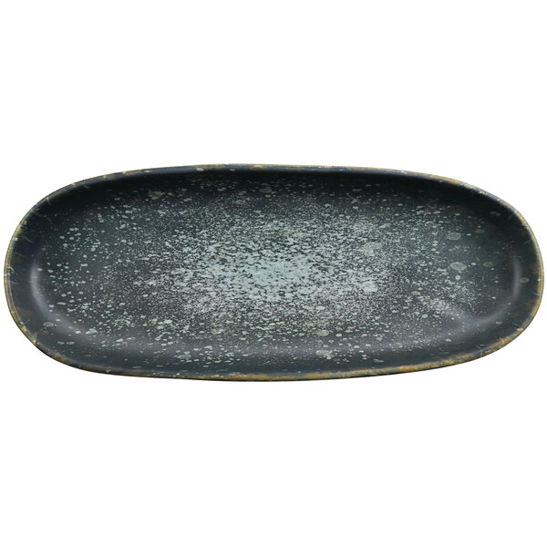 A black cheforward melamine platter with green speckled spots.
