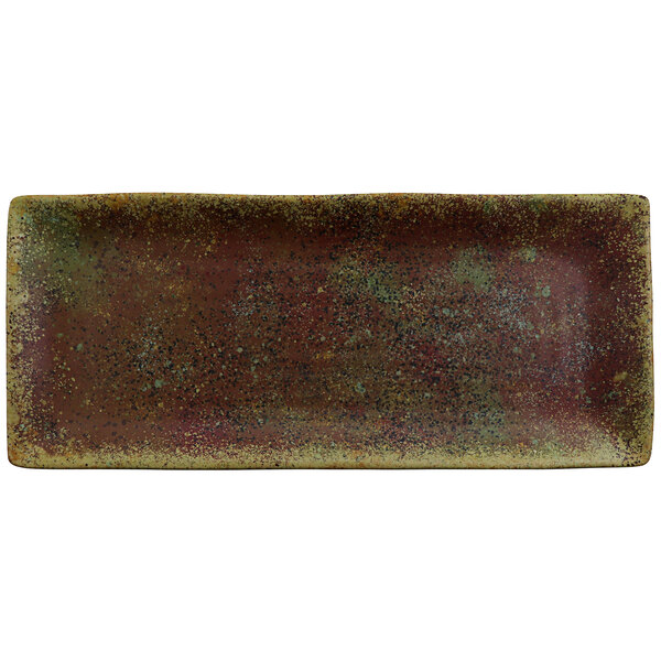 A rectangular cheforward melamine plate with a brown and green speckled design.