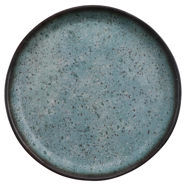 A close up of a cheforward robin's egg blue melamine plate with a speckled design.