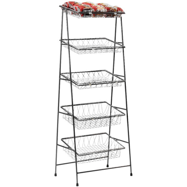 A powder-coated iron rack with wire baskets on shelves.