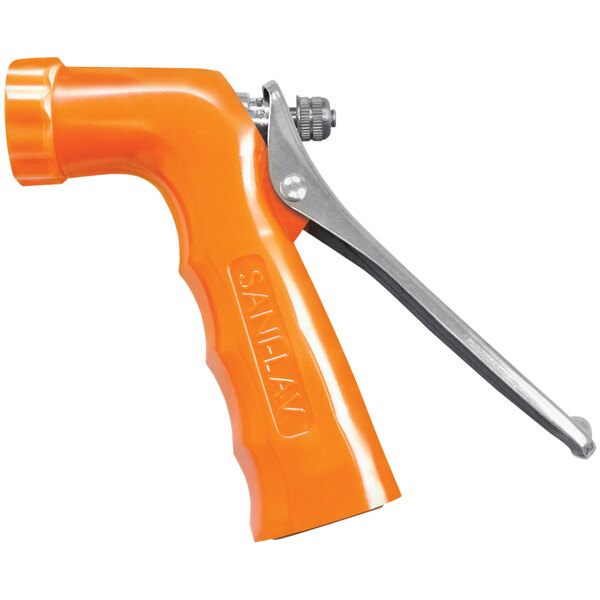 An orange Sani-Lav spray nozzle with a stainless steel handle.