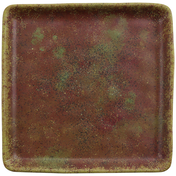 A cheforward by GET Savor 6" square clay azul iris melamine plate with a green speckled surface.