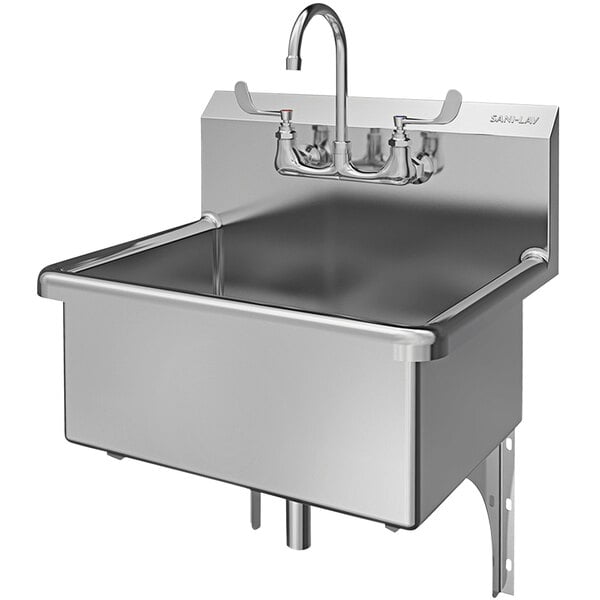 A stainless steel Sani-Lav scrub sink with a wall mounted faucet.