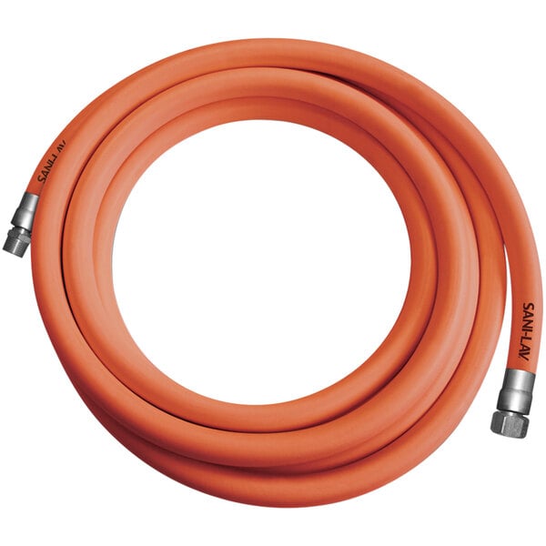 An orange Sani-Lav washdown hose with stainless steel ends.