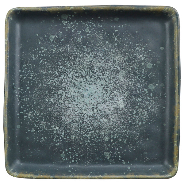 A cheforward square melamine plate with a black and gray speckled design.