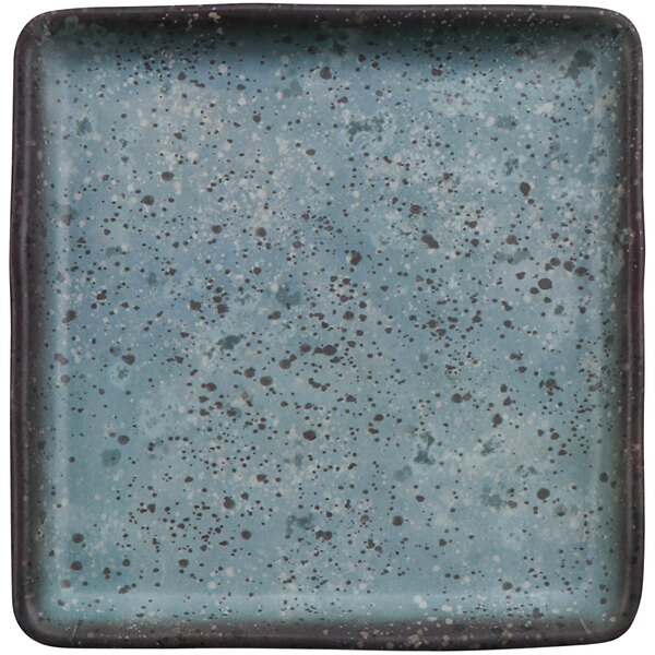 A cheforward square melamine plate with speckled robin's egg blue and white spots.