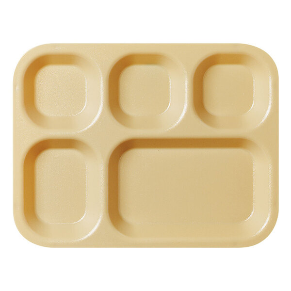 A tan Cambro plastic tray with five compartments.