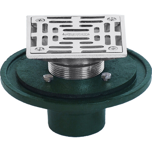 A Josam square floor drain with a green and silver metal cover.