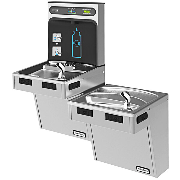 A Halsey Taylor stainless steel bi-level water fountain with two bottle filling stations.