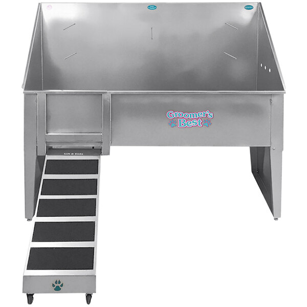 A stainless steel walk-through dog grooming tub with steps.