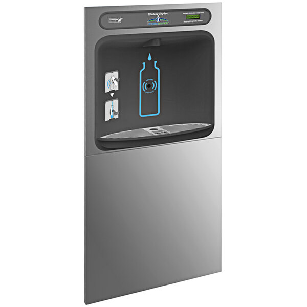 A Halsey Taylor stainless steel in-wall hands-free bottle filling station with a blue button.