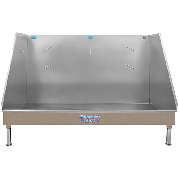 A Groomer's Best desert tan walk-in pet bathing tub with a metal box and a white background.