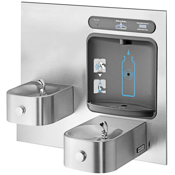 A Halsey Taylor stainless steel water fountain with two drinking fountains.