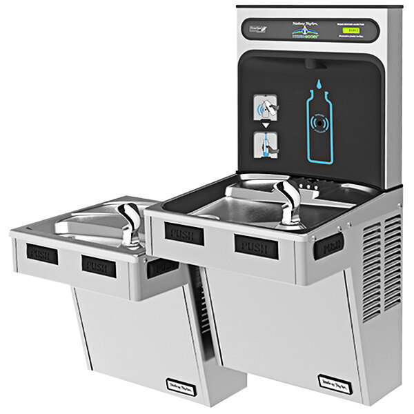 A Halsey Taylor stainless steel HydroBoost water fountain with a bottle filler.