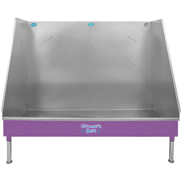 A purple and silver metal Groomer's Best walk-in bathing tub with a right drain.