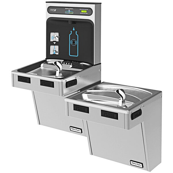 A Halsey Taylor HydroBoost Platinum vinyl bi-level drinking fountain with two stainless steel bottle fillers.