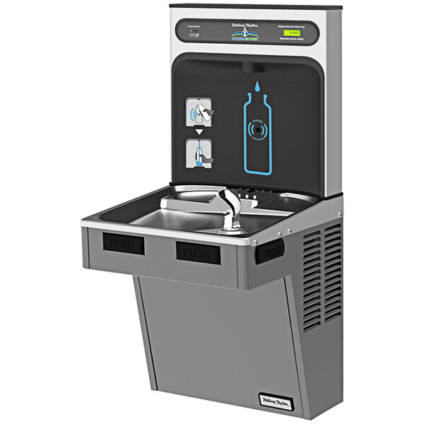 A Halsey Taylor HydroBoost water fountain and bottle filling station with a bottle holder.